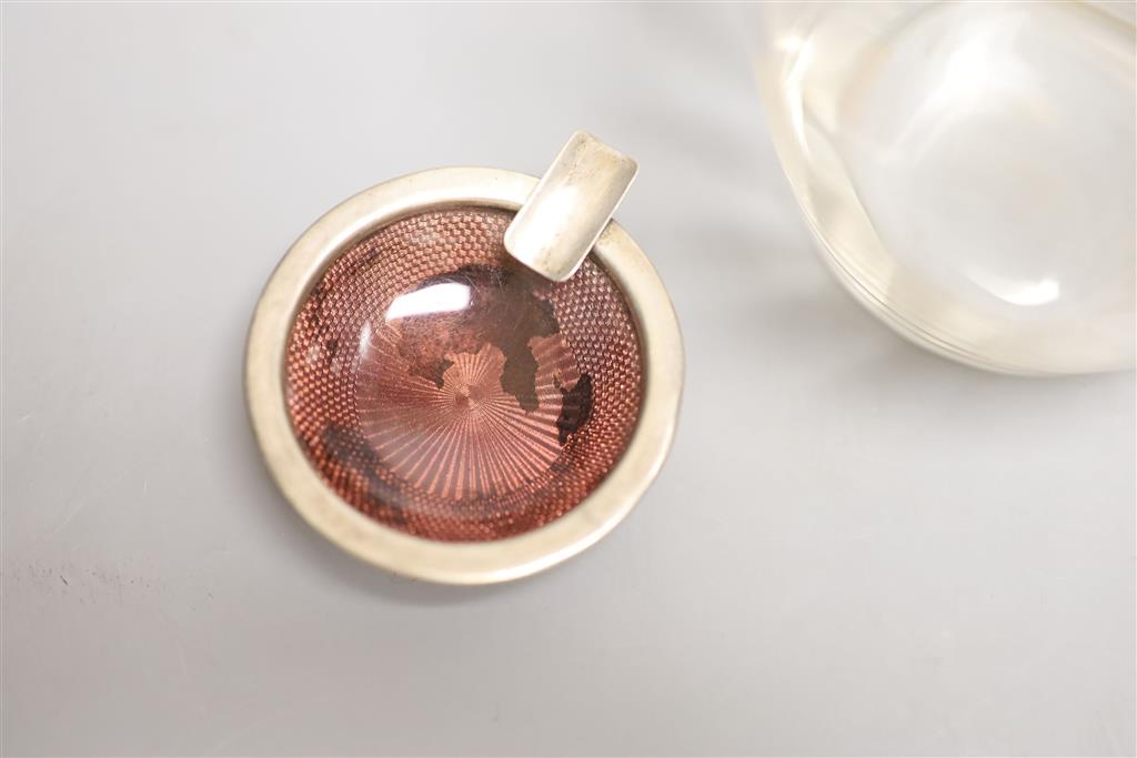 A late Victorian silver mounted glass decanter and stopper, London, 1893, 21.5cm, a silver card case and an ashtray.